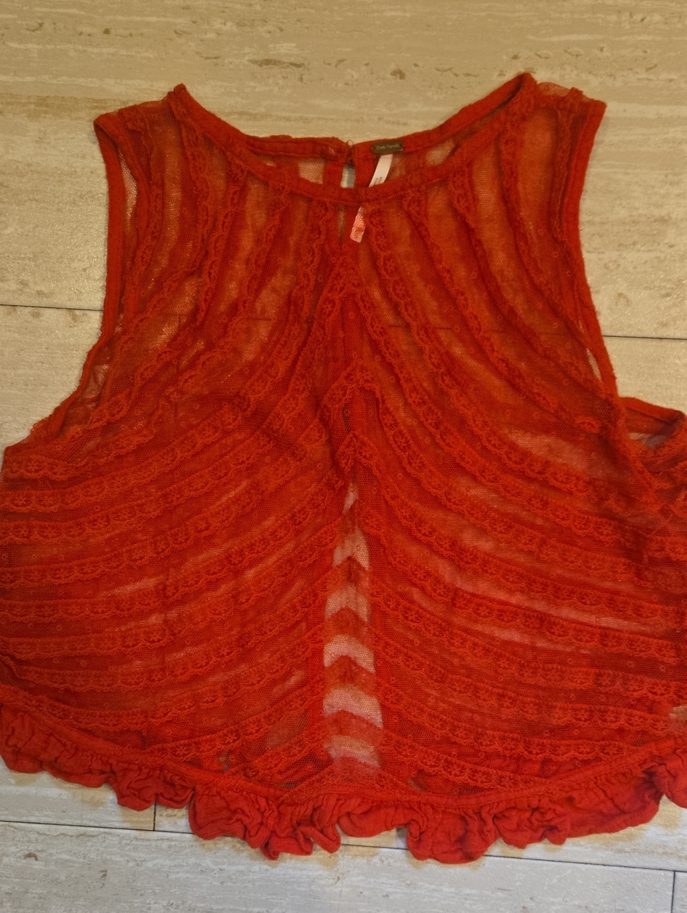 Free People Sheer Red Lace Accent  Top